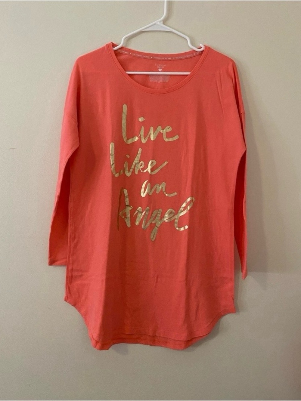 Victoria's Secret Coral Long-Sleeve Pajama Tee with Gold Script Logo